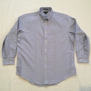 Lands End Supima Hyde Park Mens Button Down Shirt Blue 17 1/2 34 Long Sleeve